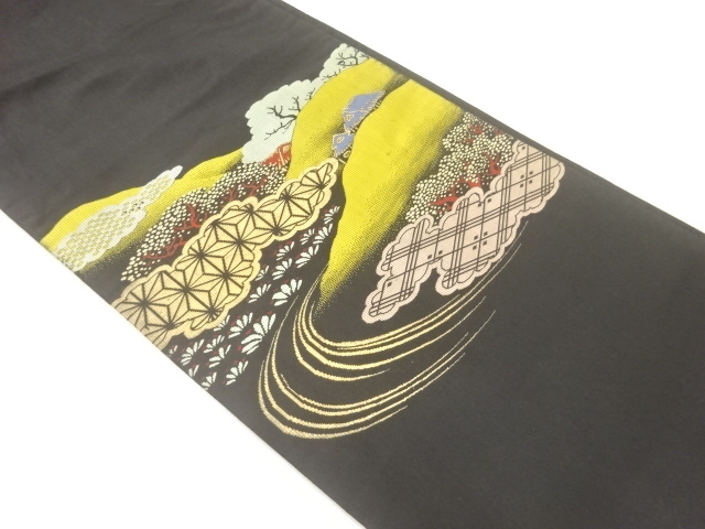 JAPANESE KIMONO / ANTIQUE CHUYA OBI / SILK / WOVEN MOUNTAIN & MIST